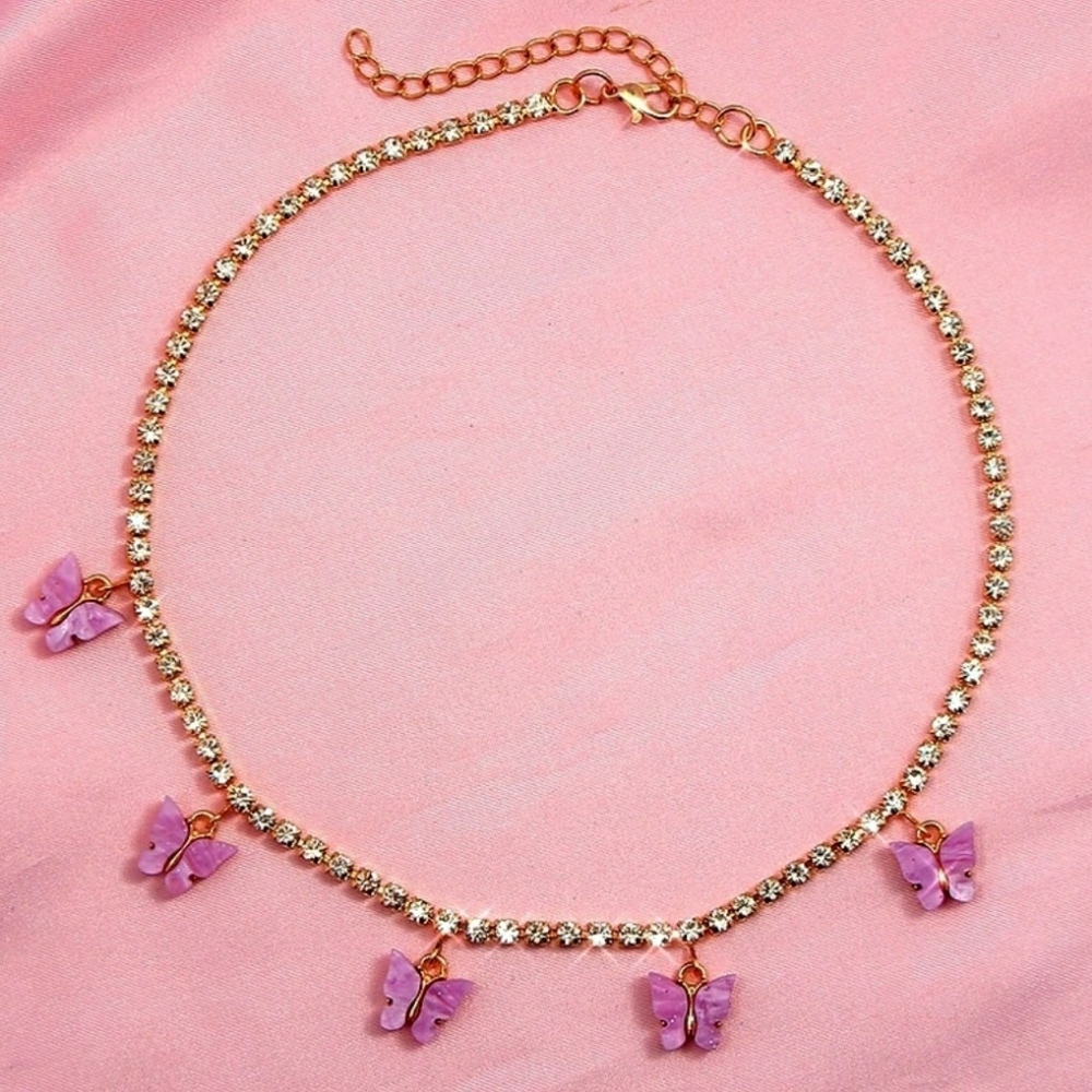 Crystal butterfly choker with gold chain